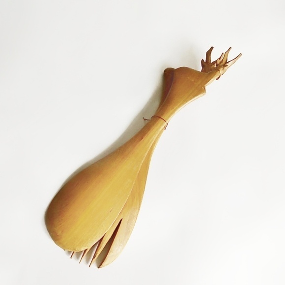 VINTAGE Wooden Carved Brown Elk Salad Fork Spoon Utensils Kenya - Picture 7 of 10